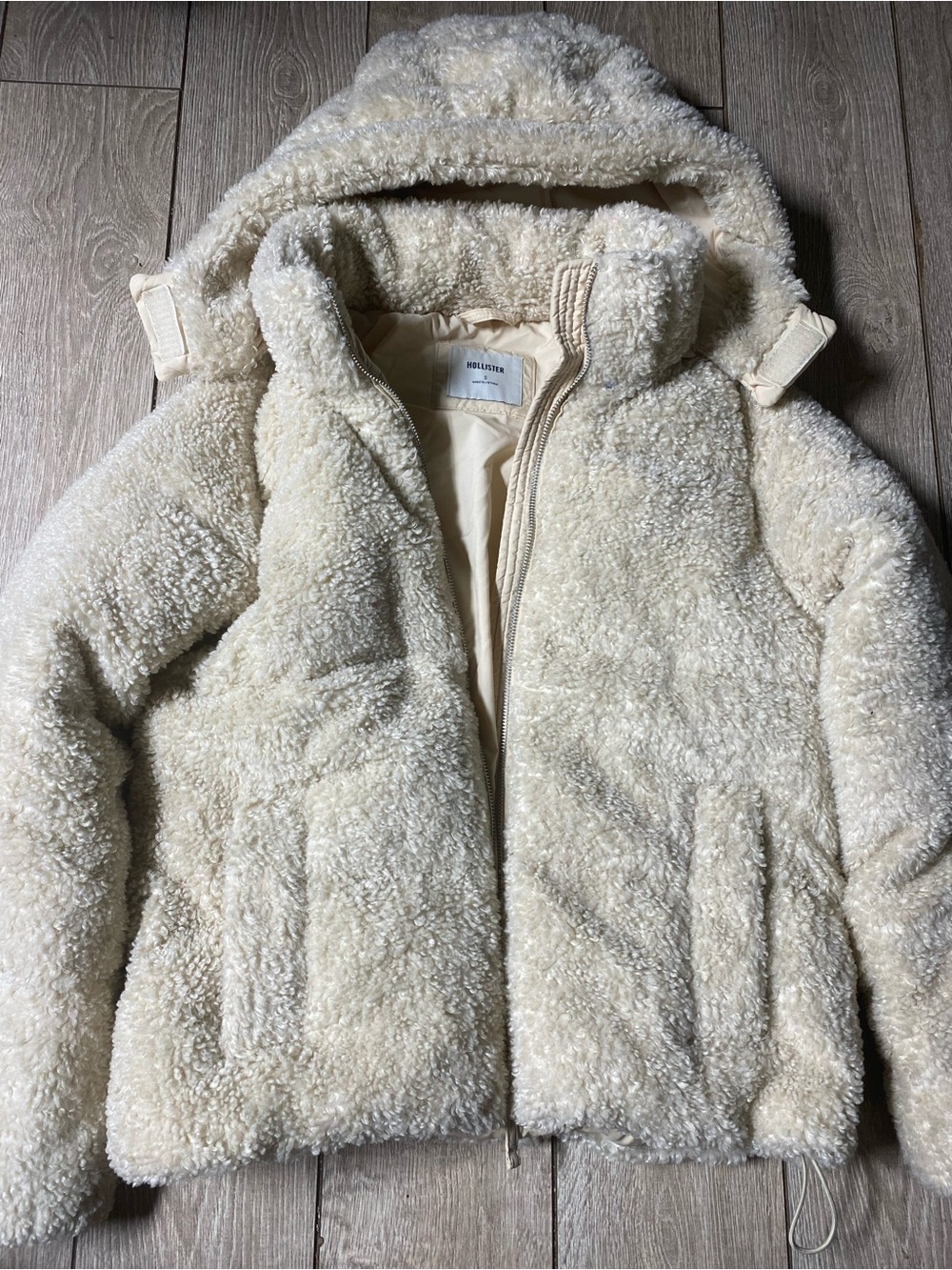 Hollister Sherpa All-Weather Puffer Jacket Cream White Removable Hood Size Small